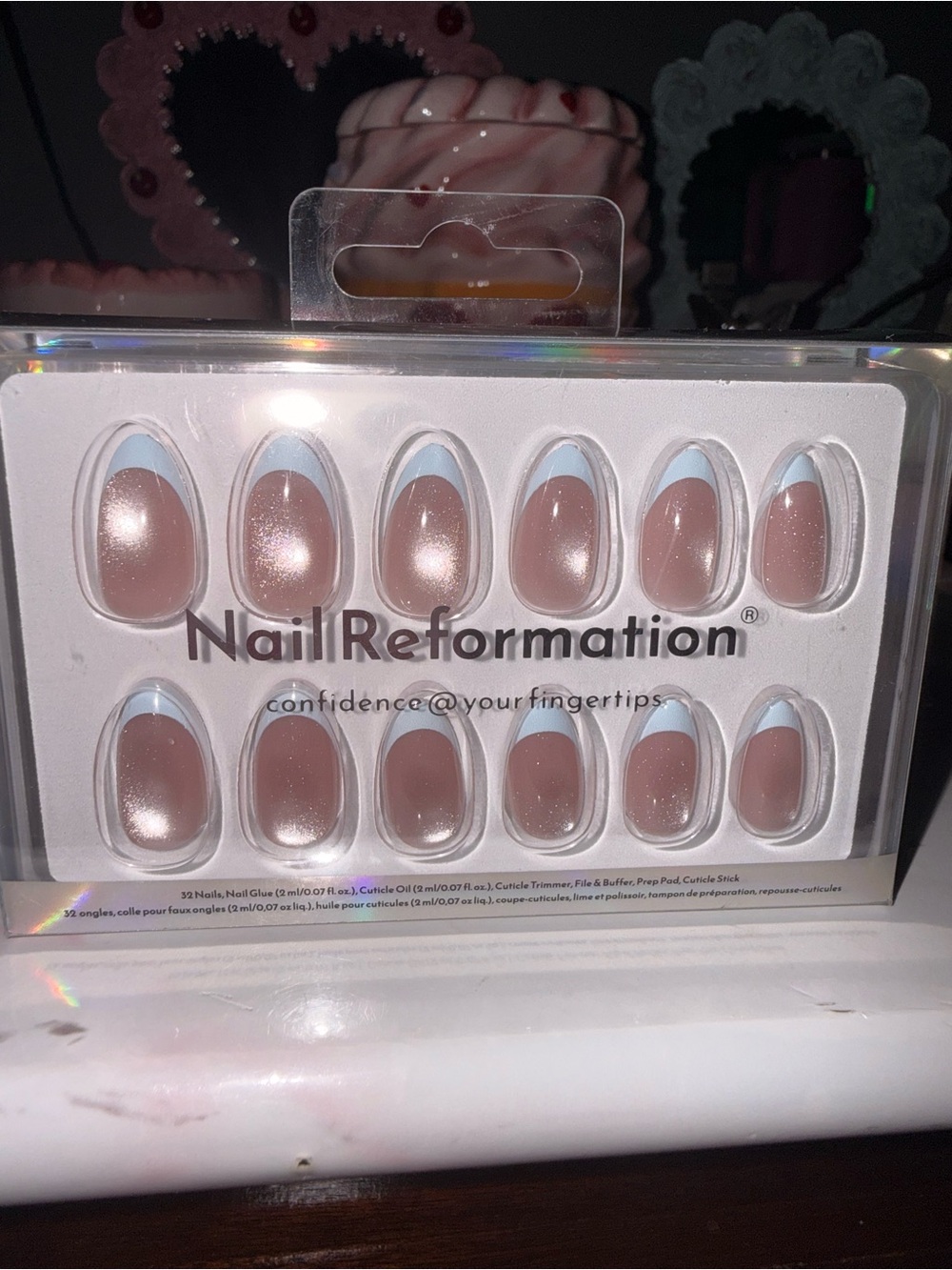 Nail Reformation Blue tip with reflective base- Short almond press on nails